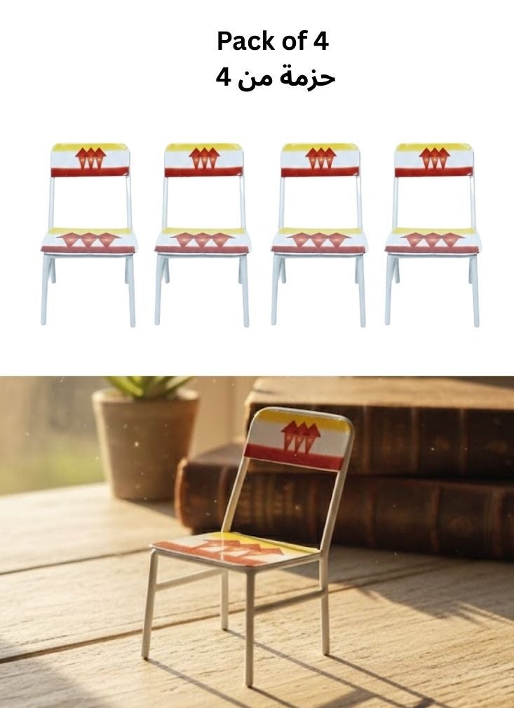 Premium Mini Decorative Metal Chair Set Pack of 4 with Red Tribal Design Dollhouse Furniture - Image 1